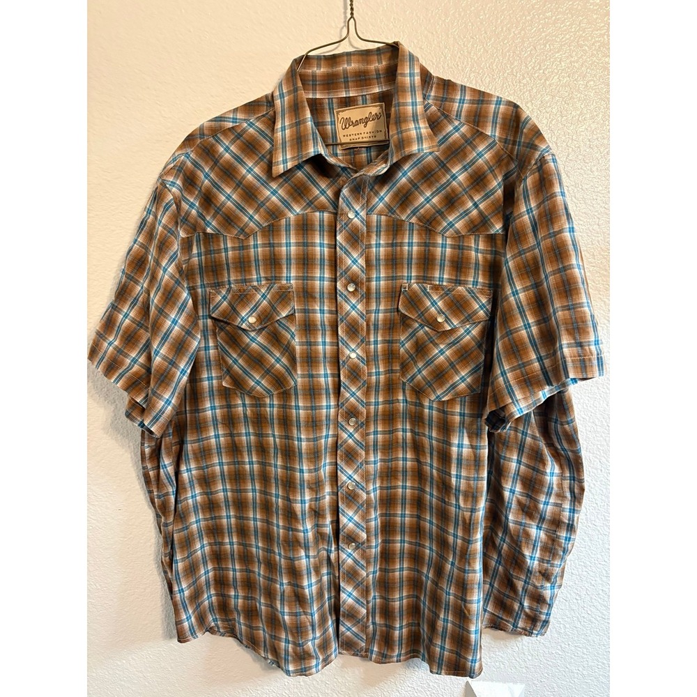Men's Wrangler Western Fashion Snap Shirt Brown Blue Plaid Short Sleeve Size 2XL